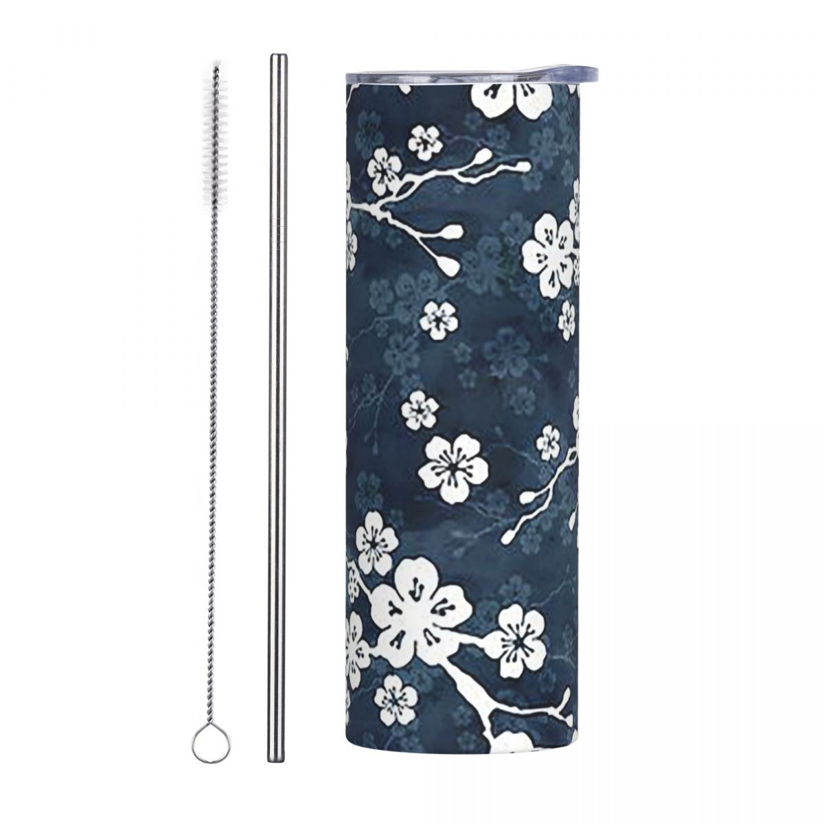 Tumbler 20Oz White - Navy And White Cherry Blossom Pattern